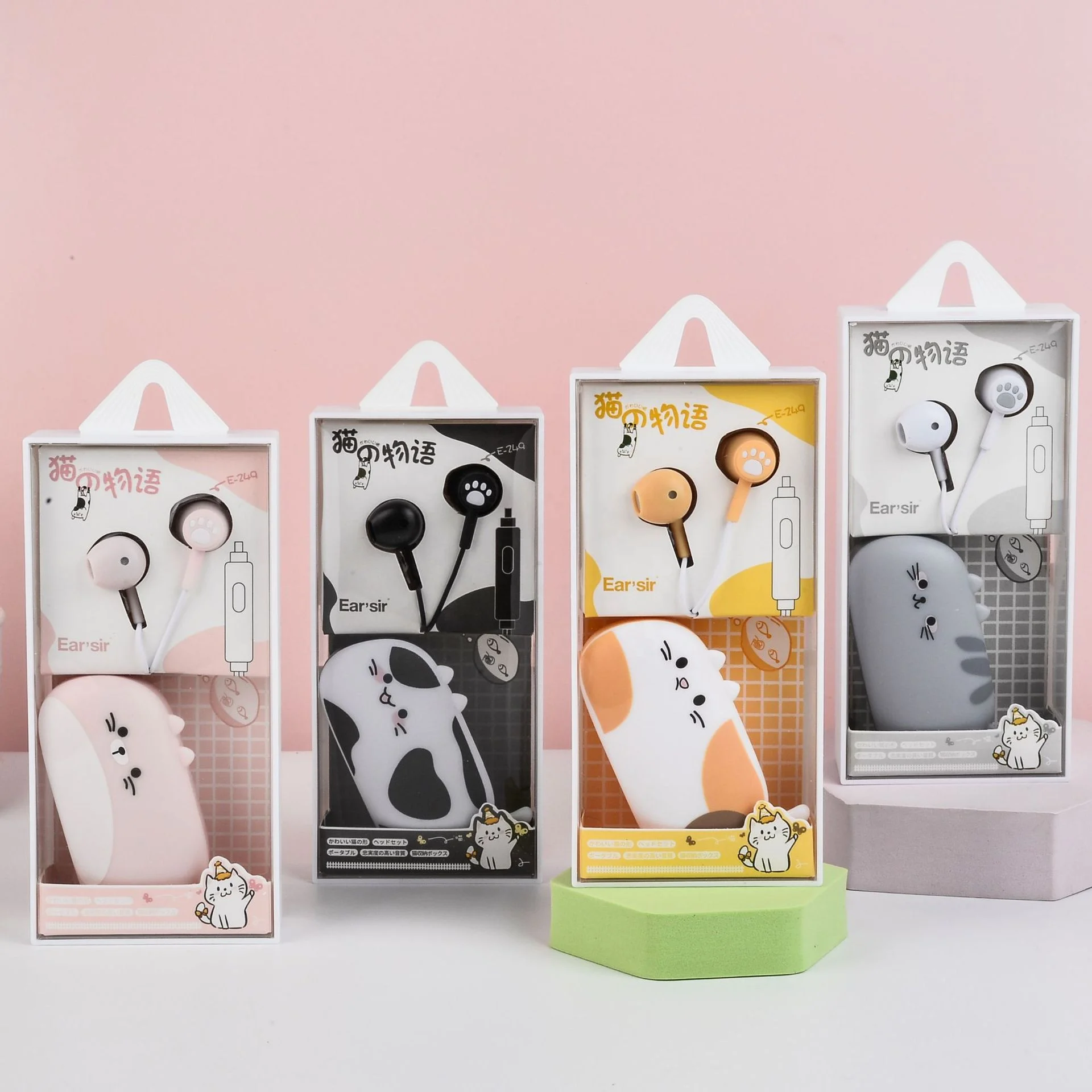 E-249 In-ear earplug creative new cute cartoon wired music earphone with cat case storage box