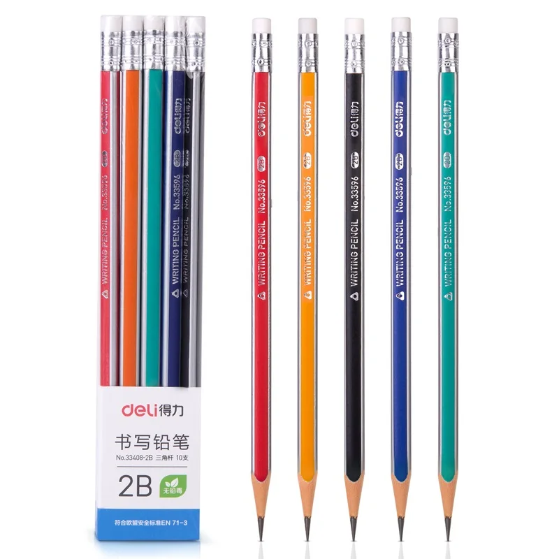 Deli 33408 2B 10pcs/box Wood Pencil With Triangle Rod Colorful Writing Drawing Rubber Head 2880pcs Per Carton Set