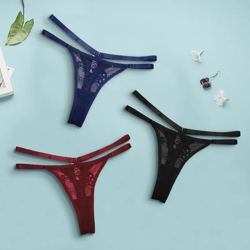 Fashion Ladies Nylon Lace Print Hollow Breathable Sexy Thongs Low Waist Sexy Mesh Slim Belt Seamless Thong Panties