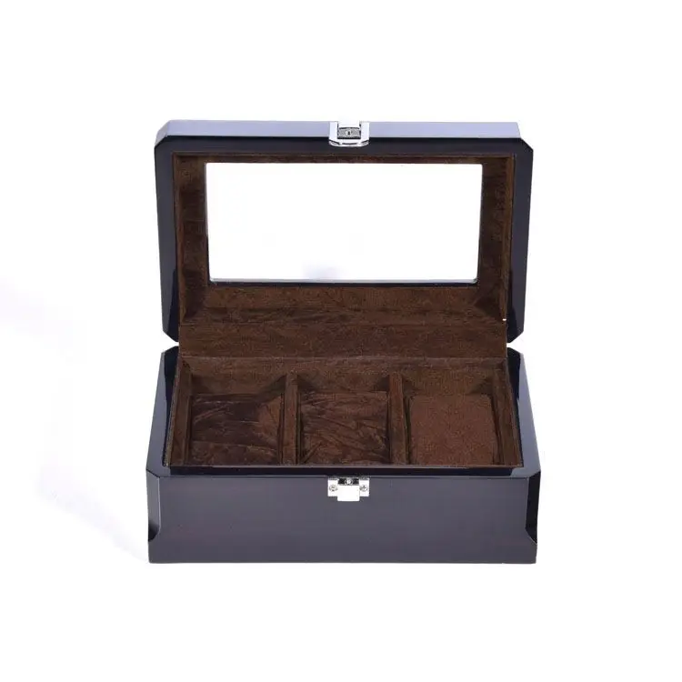 High End Black 3 Slots Display Wooden Watch Packaging Storage Box With Clear Window wood packing box