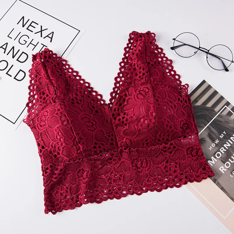 new design deep V free size padded full lace bralette crop top encaje