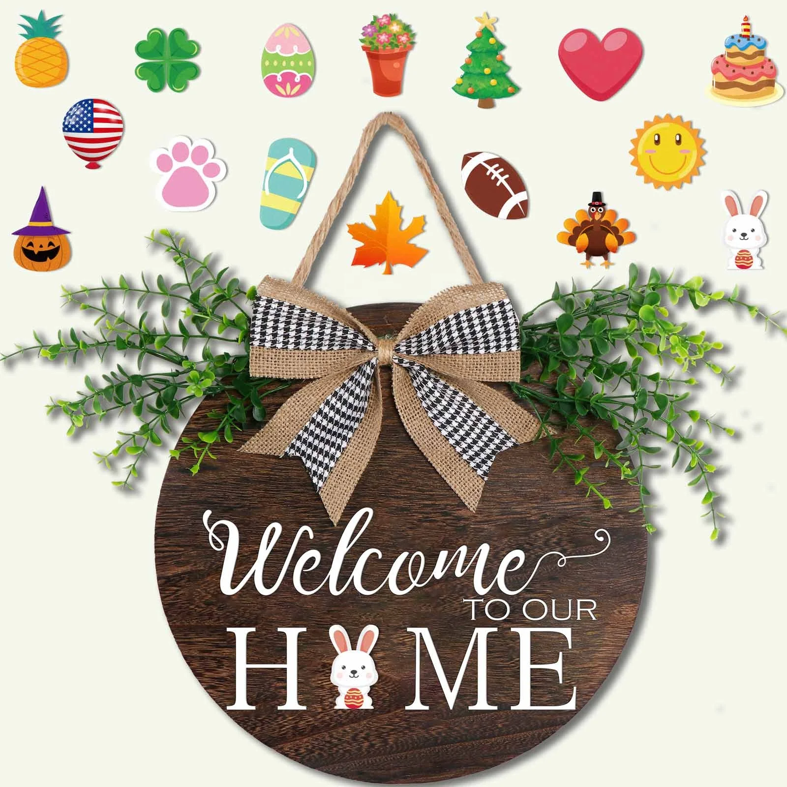 Ourwarm Welcome Wreaths Decor Wooden Home Door Interchangeable Hanging Welcome Sign with Planter