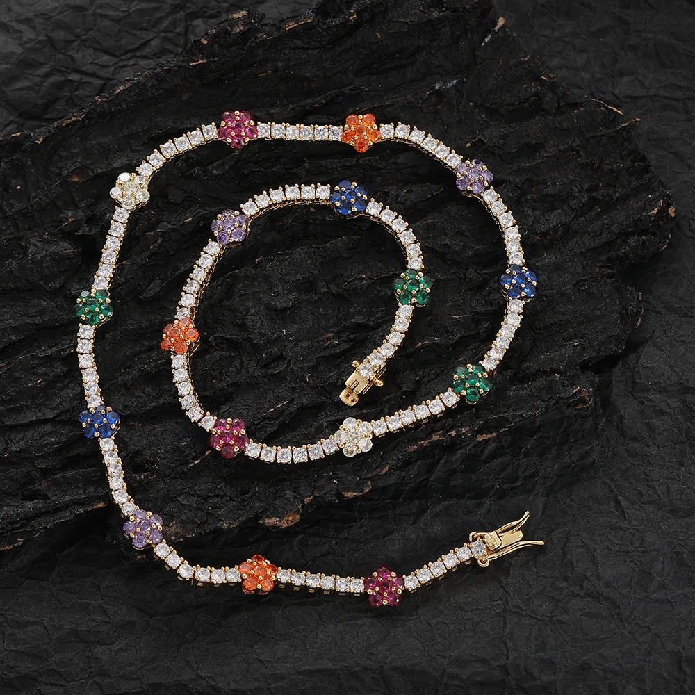 Fashion Jewelry 2023 Colored  Tennis Chain Colored Diamond Flower Shape Floral Tennis Chains  925 Sterling Silver Women Necklace