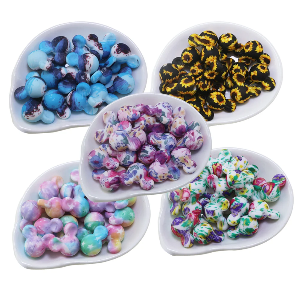 New Arrival Cow Daisy Sunflower Tie-dye Colorful Pattern Cartoon Print Loose Ball For Pens Mouse Focal Silicone Beads Wholesale