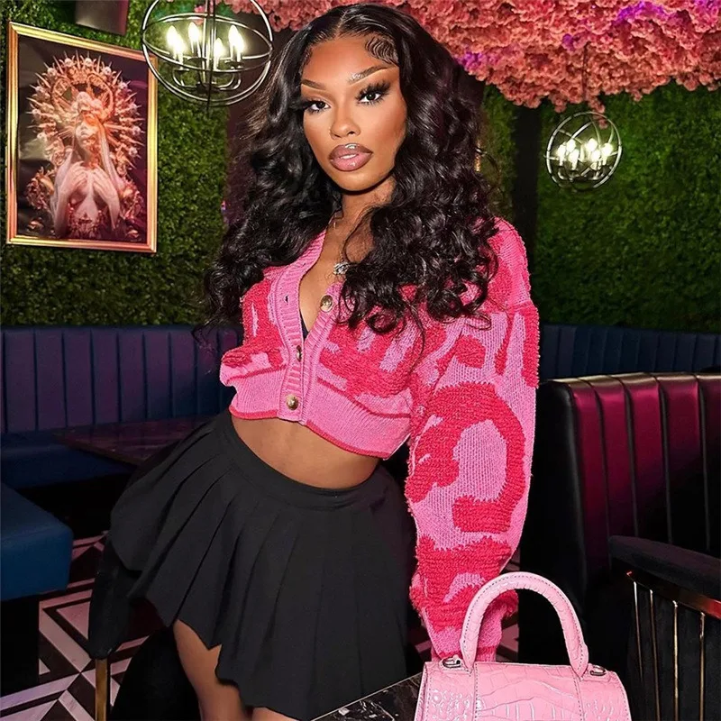 QuiteS Autumn Pink 3d Floral Embroidery Jacket Women Clothing Low-Cut V-Neck Buckle High Waist Slim Knit Top Coats For Woman