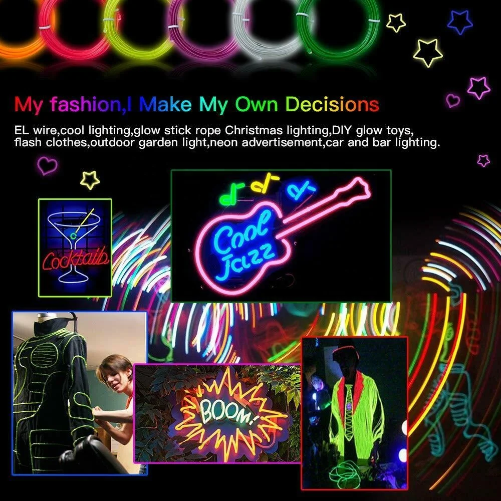 1M 3M 5M EL Wire Neon Glowing Strobing Electroluminescent Light El Wire Battery Pack for Parties and Christmas Decoration