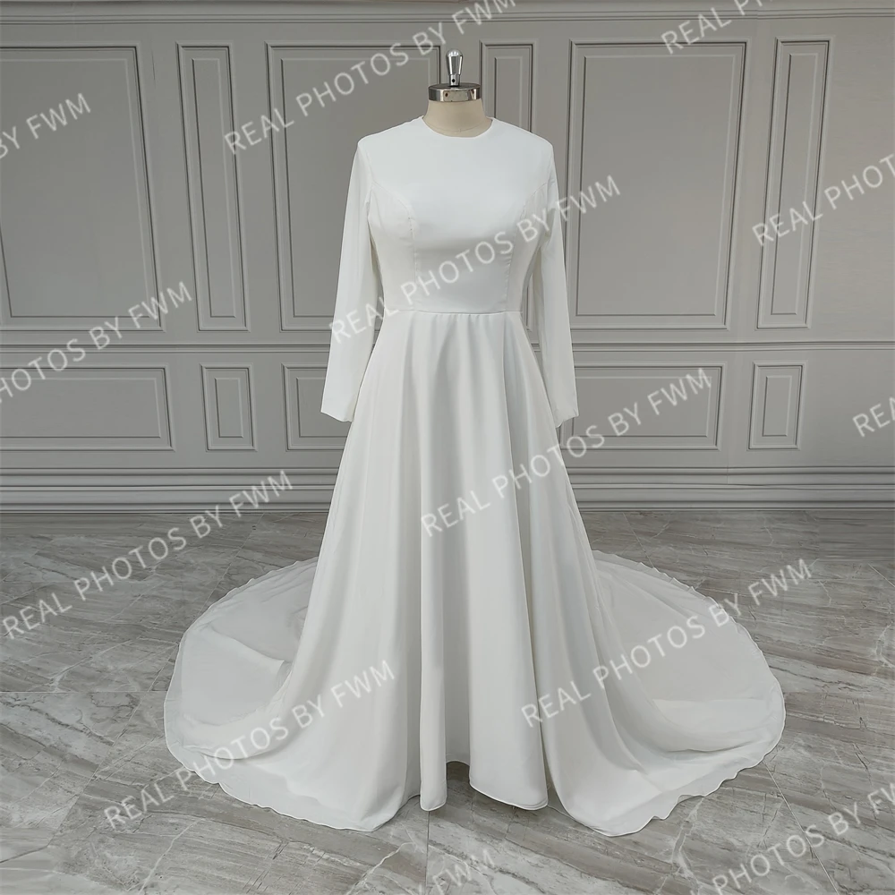 15656# Real Photos Muslim Dubai Long Sleeves Royal Train A-line Wedding Dress With Beading Pearls Lace Cloak Bride Gown For Wome