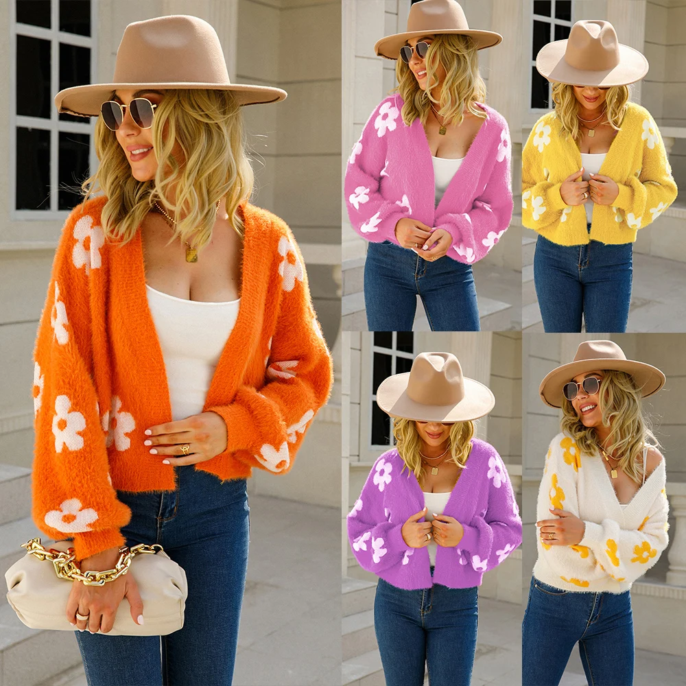 Fashion street short style knit sweater flower cardigan for woman