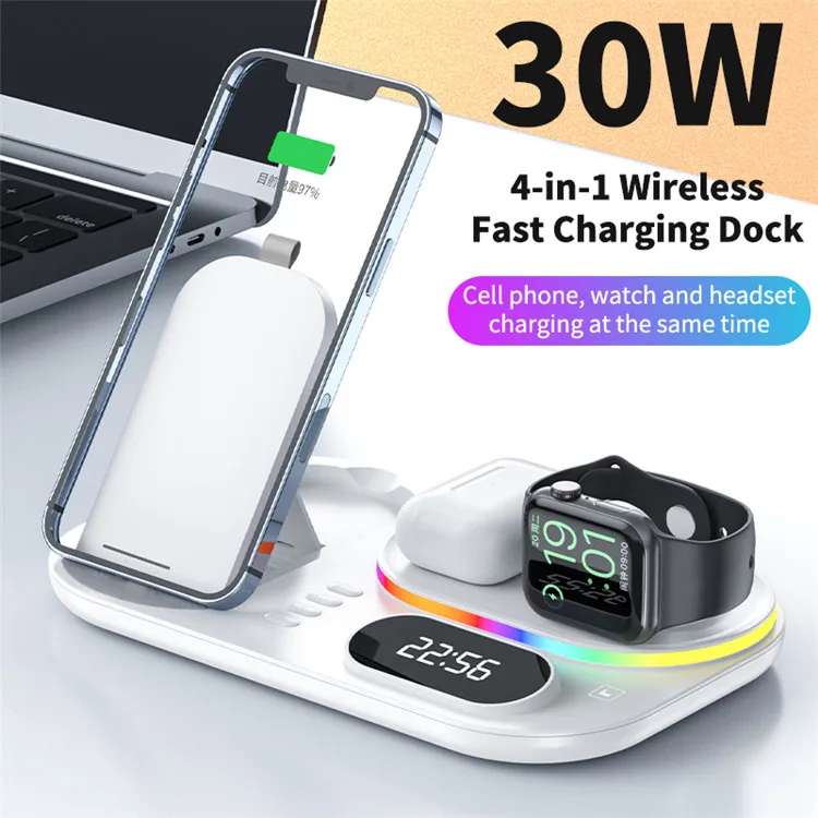 4 in 1 Folding Wireless Charging Station Dock For Xiaomi Samsung iPhone 13 12 Pro Max Charge Holder Stand With LED Digital Clock