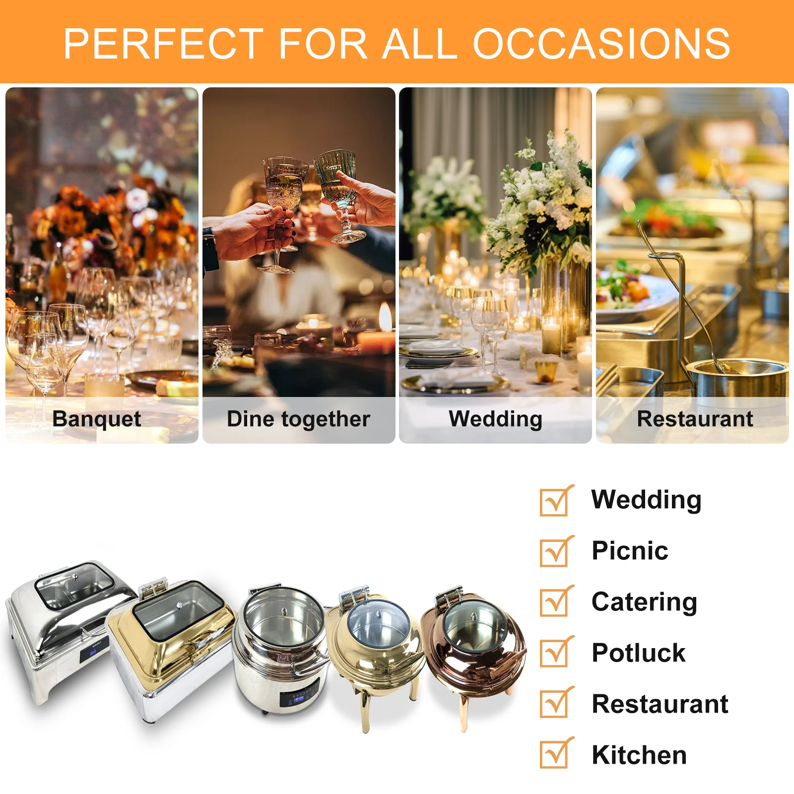 YITIAN Round Gold Stainless Steel Luxury Buffet Stove Chafing Dish Dome Soup Food Warmer Set With Glass Cover