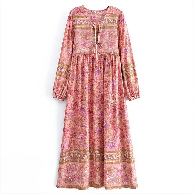 Customization Summer Bohemian Women Vacation Casual Breathable Loose Long Sleeve Midi Floral Dress