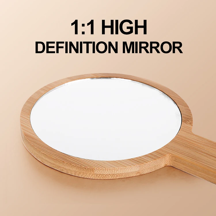 wholesale custom portable small round handheld makeup mirror bamboo framed hand cosmetic mirror with private label for travel