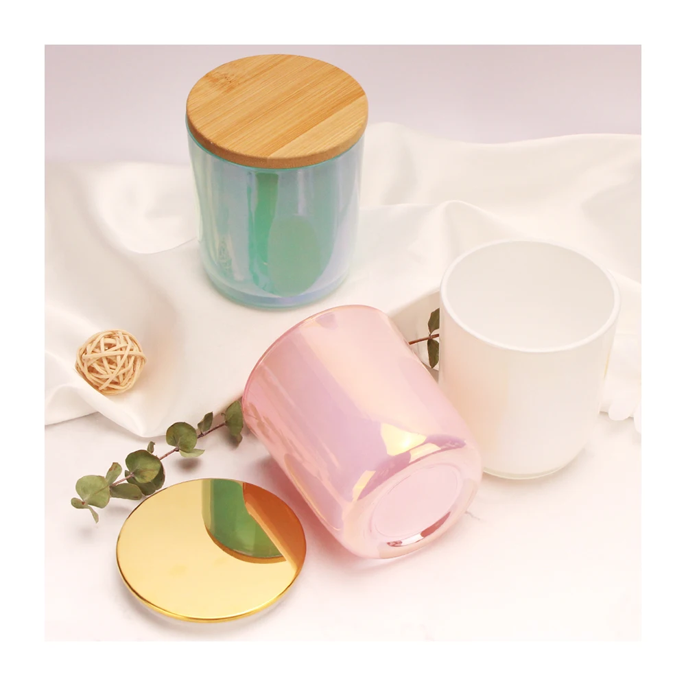 Wholesale 8oz 10oz 12oz Iridescent Extra Large Candle Vessel Clear Glass Candle Jar Luxury With Lid