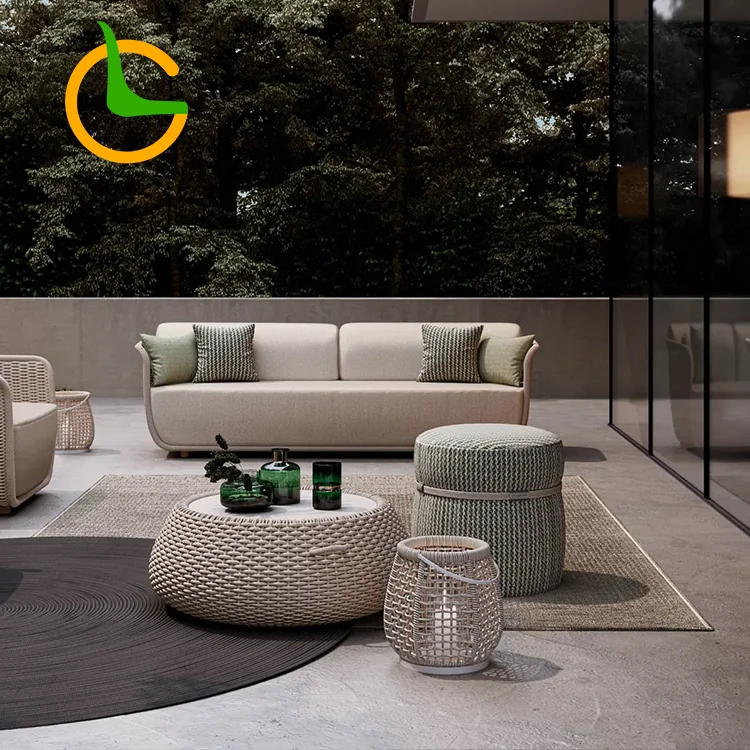 Outdoor Rattan Patio Wicker Garden Furniture Metal Frame Sofa Patio Rope Waterproof Leisure Durable Set Rattan Outdoor Sofa Set