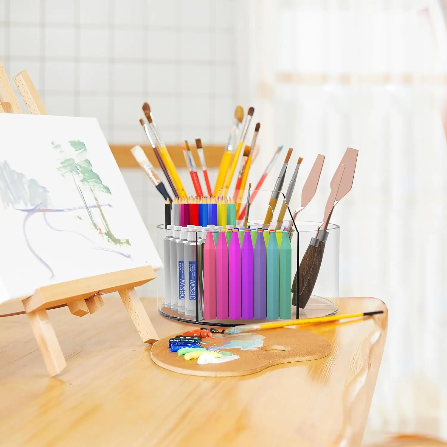 Acrylic Pen Holder Pencil Organizer 360-Degree Rotating Crayon Holder for Kids Marker Holder Caddy Organizer