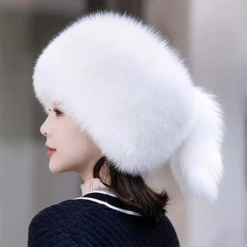 MWfur Fashion Russian Raccoon Fur Silver White Fox Fur Hat For Women Ladies Winter Plush Fox Fur Hat with Tail