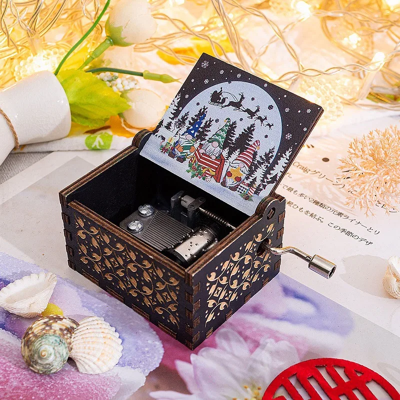 39 designs Popular Gift Melody Hand Crank Laser Engraved Hand Crank Wooden Christmas Day Music box