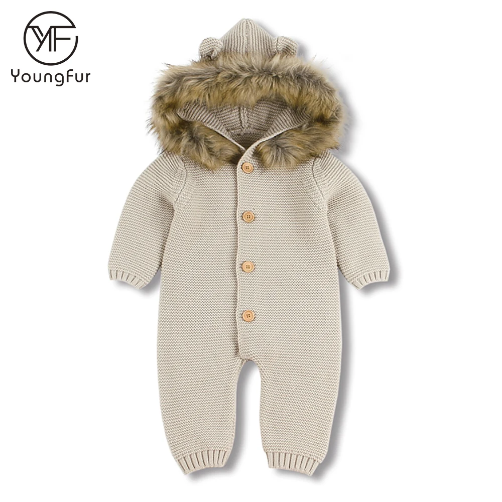 Unisex Baby Rompers Spring Autumn Knitwear Toddler Clothes Raccoon Fur Trim Hooded Newborn Baby Rompers Winter