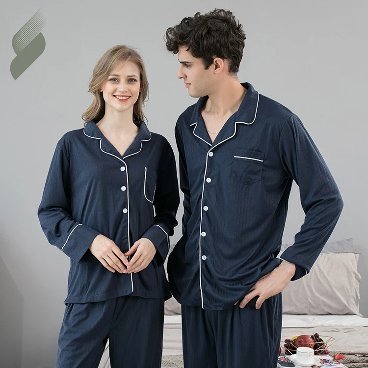 Unisex Long Sleeves Loungewear solid Leisure Long Shirt Sleepwear Cotton Plus Size Sleep Set Matching Couples Home Pajamas