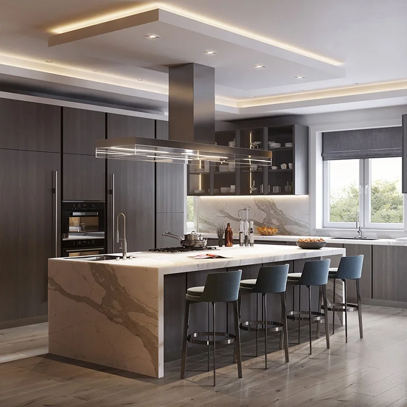 NICOCABINET luxury solid wood black handleless lacquer Smart modern style kitchen cabinet with big island