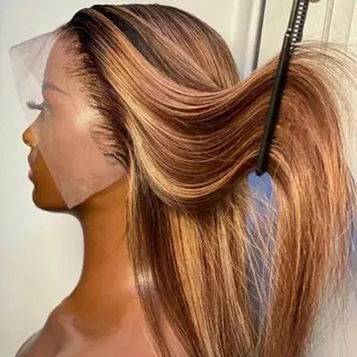 Preplucked Bleach Knots Honey Brown Ombre Highlighted Lace Front Wig Virgin Raw Human Hair Lace Frontal Blonde Highlight Wig