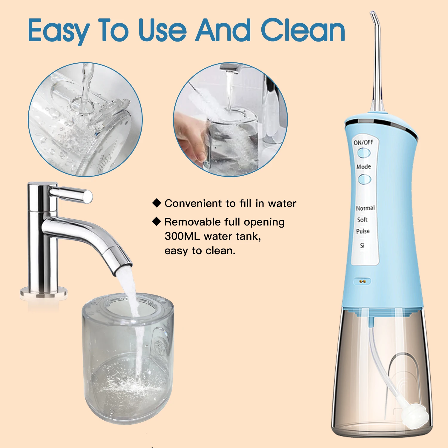 Portable Cordless Electric Teeth Cleaner 5 Modes 300ML Water Tank IPX7 Waterproof Dental Water Flosser Oral Irrigator