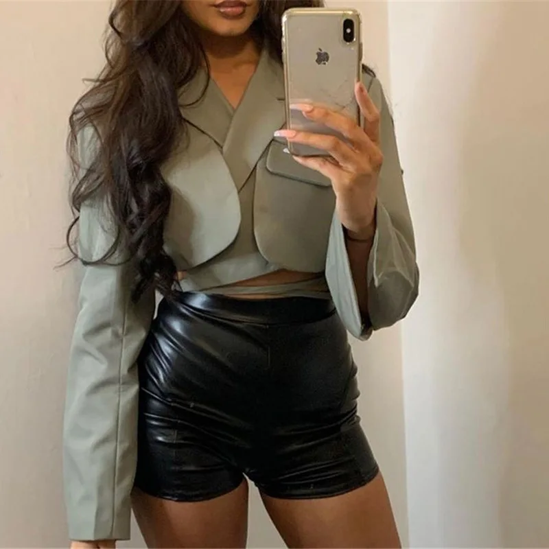 Latest Design Woman Blazer Tops Fashion Long Sleeve Tie-Up Suit Jacket Women Turn-Down Collar Solid Color Sexy Femme Crop Blazer