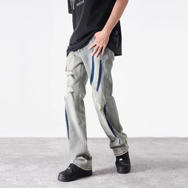 Custom Y2K retro jeans men distressed ripped blue washed jeans Antique relax fit straight leg denim pants