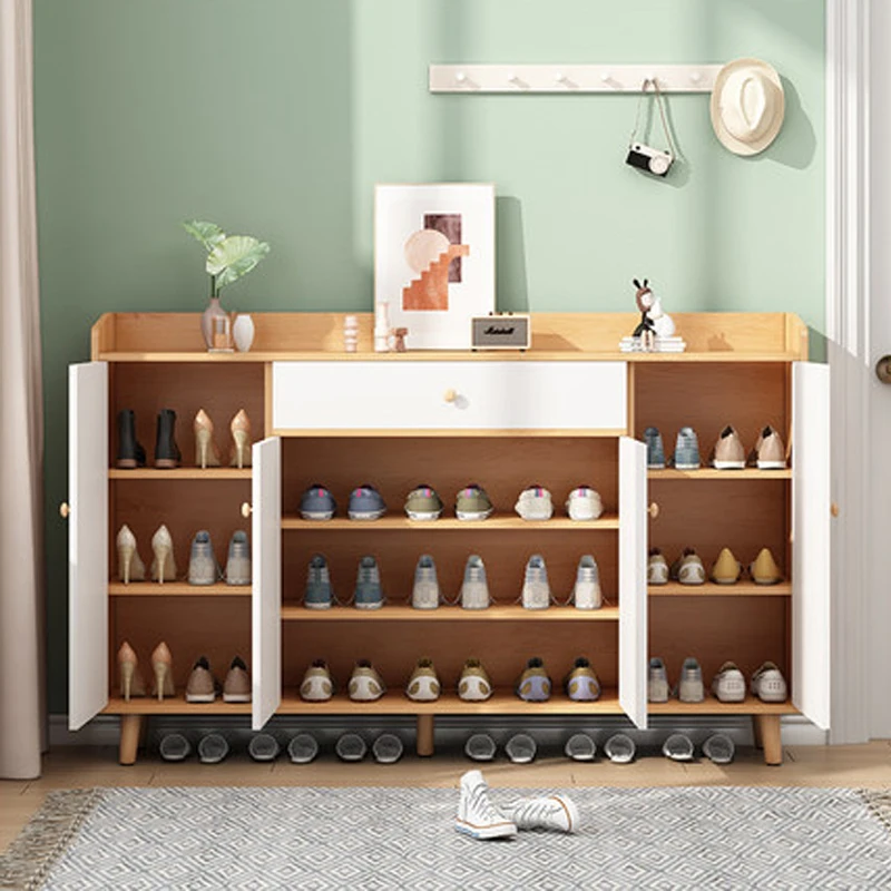 Smart-Furn shoe cabinet for entryway organizer with lid modern wooden 2 doors free standing accent cupboard large space