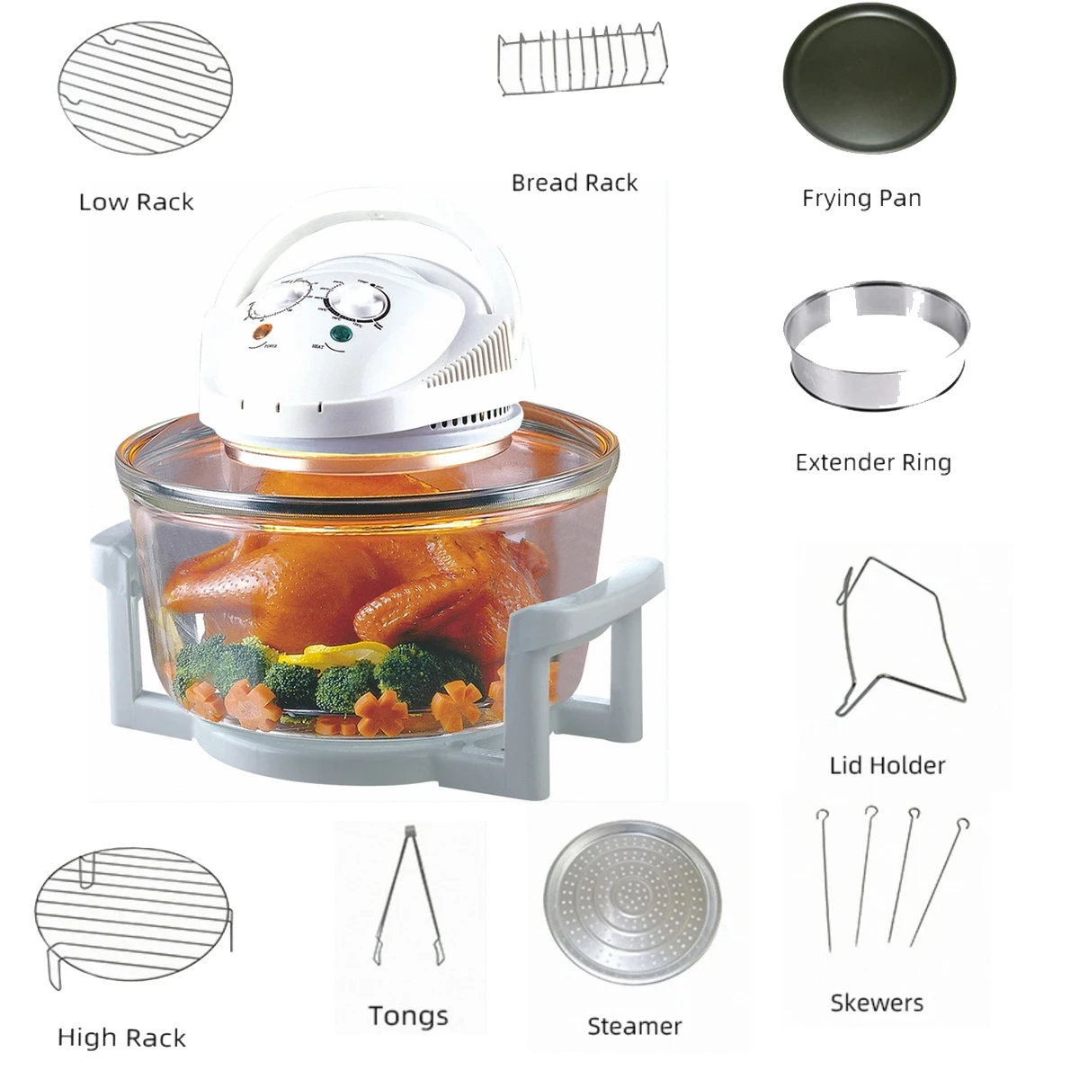 Hot sales big capacity air fryer glass halogen convection oven with 1200-1400W 12L