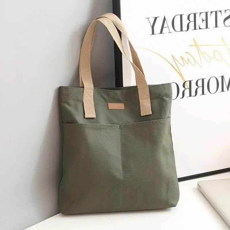 New Fashion College Style Custom Large Cotton Canvas Tote Bag with Pockets for Women Shopper and Student Class