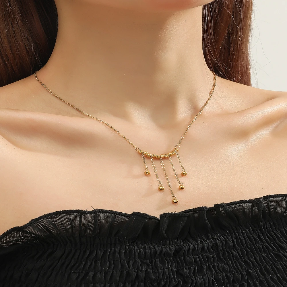 New Arrival Jewelry 18K PVD Gold Plated Bead Tassel Necklace Fashion Punk Stainless Steel Chain Choker Necklace For Women
