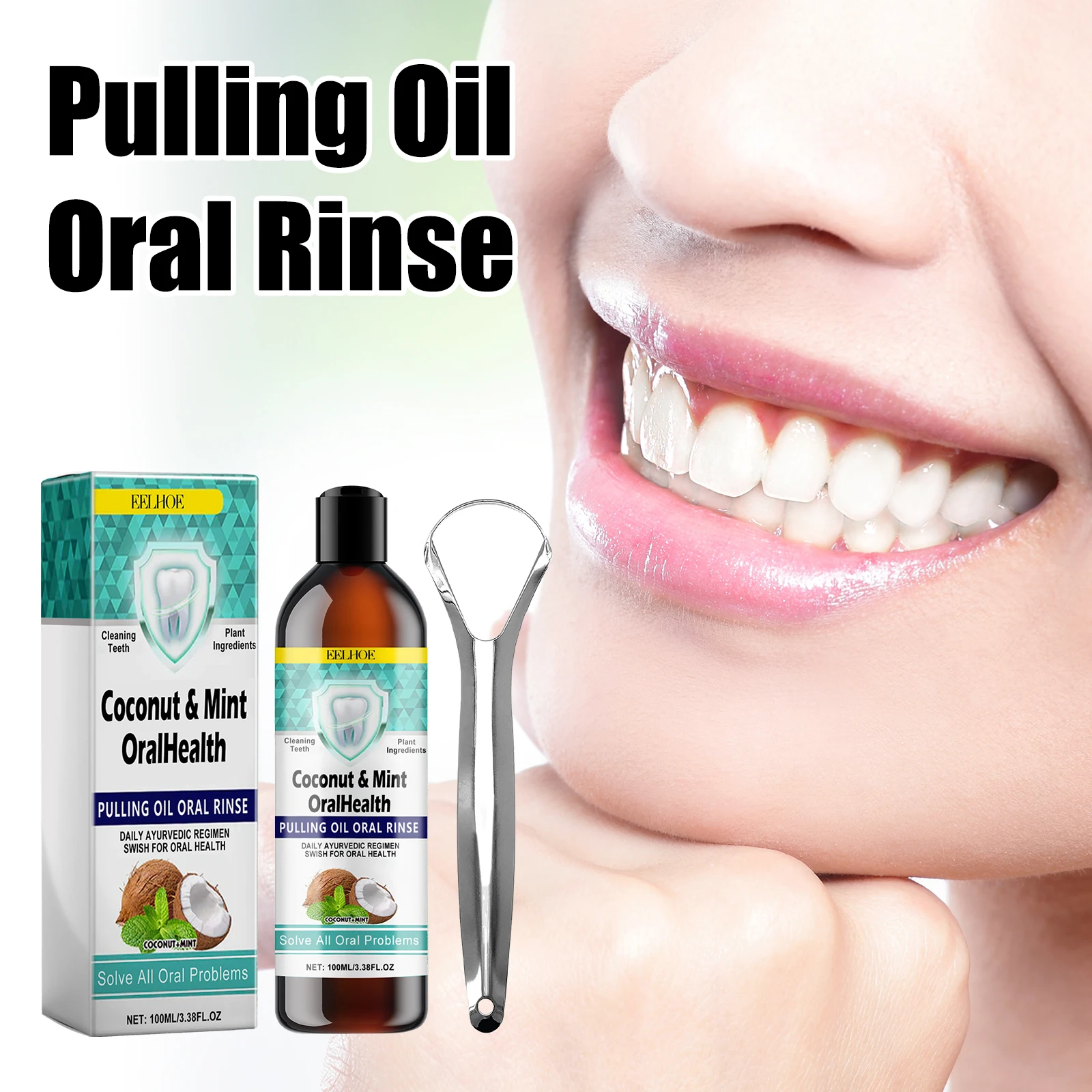 Coconut Oils with Peppermint Alcohol-Free Mouthwash for Fresh Breath &Gum Health Pulling Oil Mouth Wash with Tongue Scraper