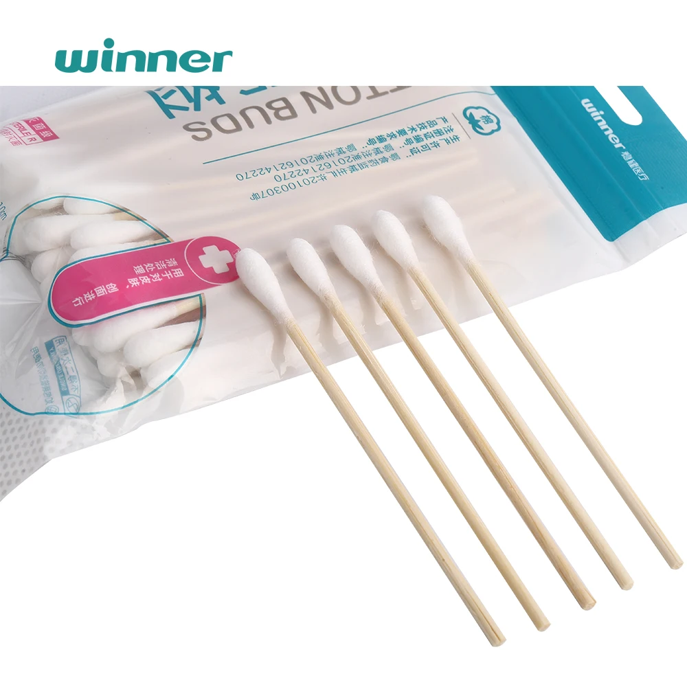 Биоразлагаемые ватные палочки Winner OEM с деревянным стержнем одноразовые одиночные круглые для чистки рта бамбуковой палочкой