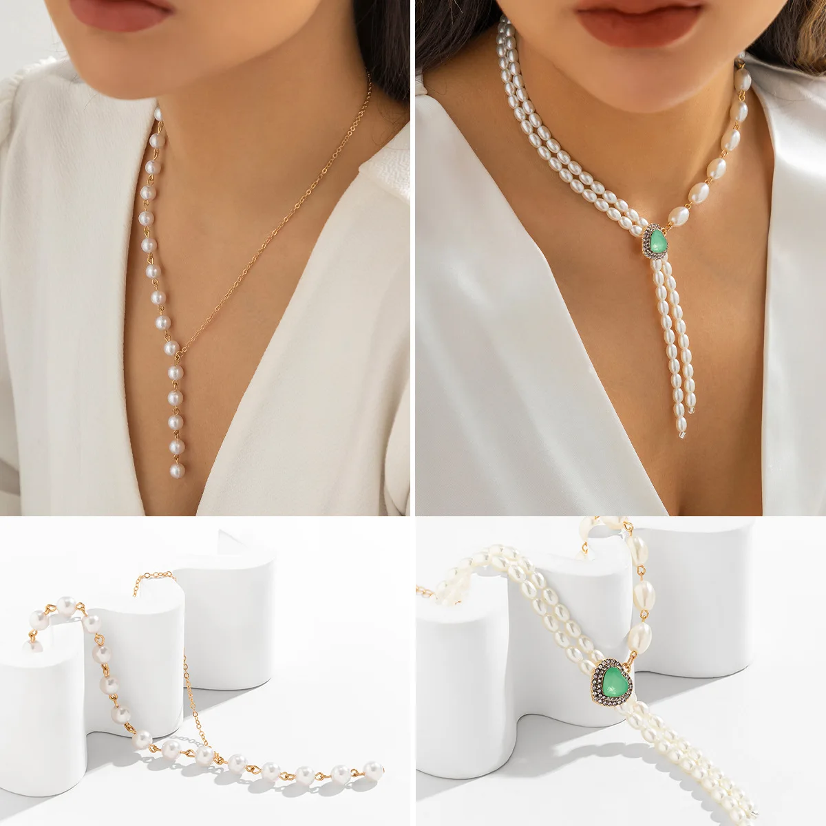 Elegance retro asymmetric pearl tassel necklace all-match love micro-inlaid necklace for women