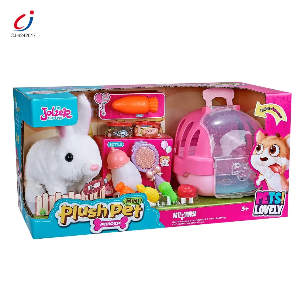 Chengji newest design electric pets rabbit plush toy simulated walking feeding pet care play vet set for kids