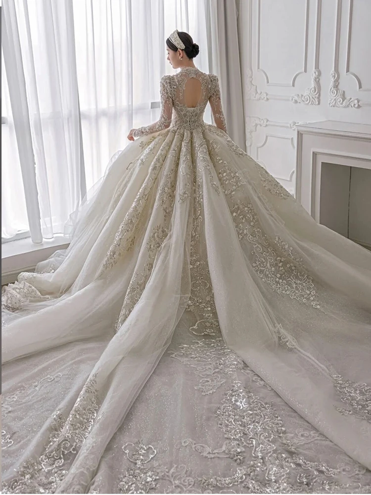 Handmade Lace Mesh Bridal Ball Gown Wedding Dress High Quality Luxury Trailing Wedding Dress