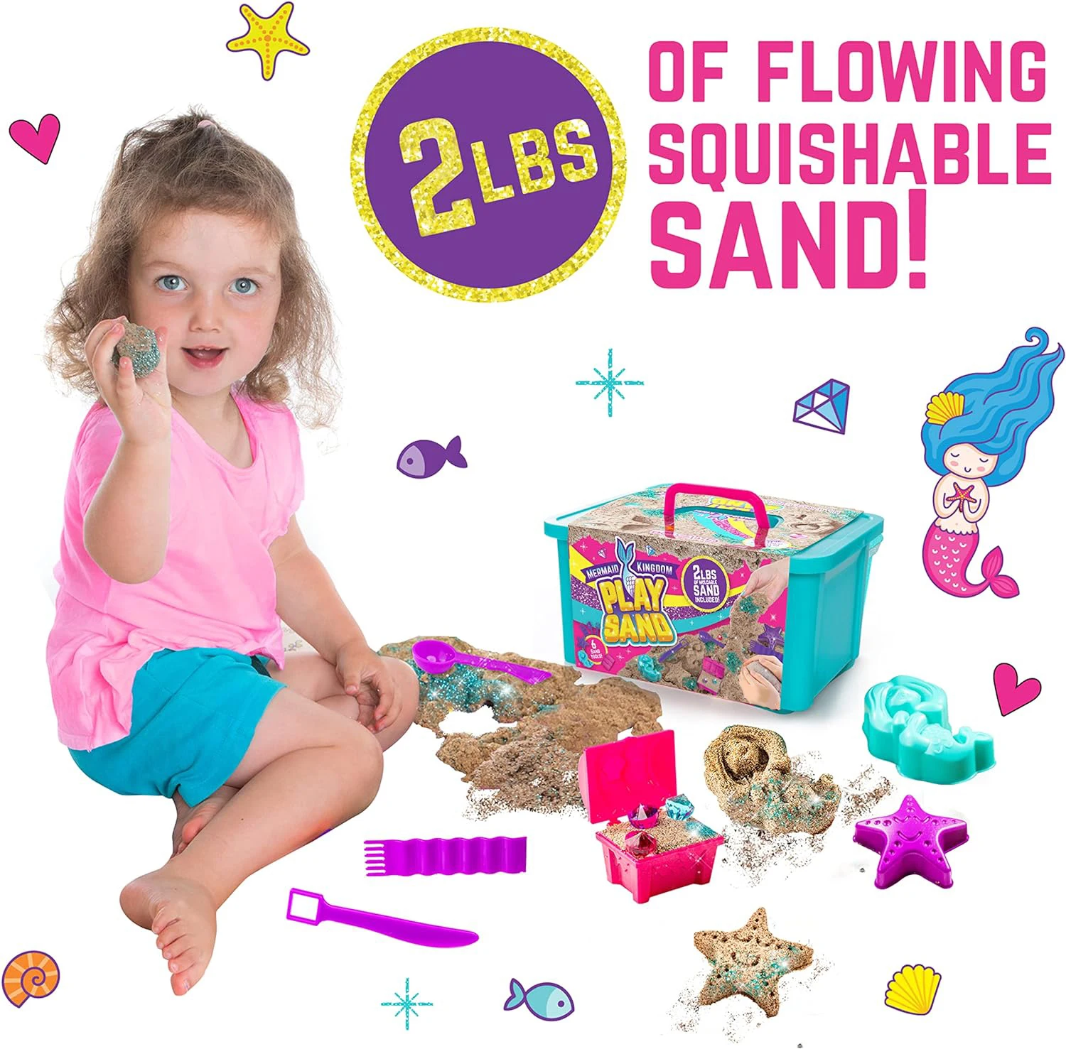 Mermaid Sensory Sand Kit, 2lbs Moldable Play Sand for Kids Aged 3+, Magic Sand with Gems, Tools & Portable Treasure Chest