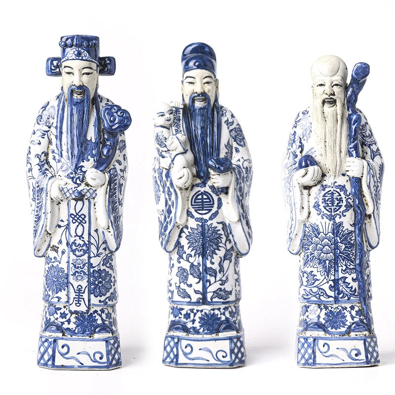 Jingdezhen Ceramic Figurine Decor Lucky Longevity Three Star Ceramic Sculpture Statue Blue white Ceramic Decorative Ornaments