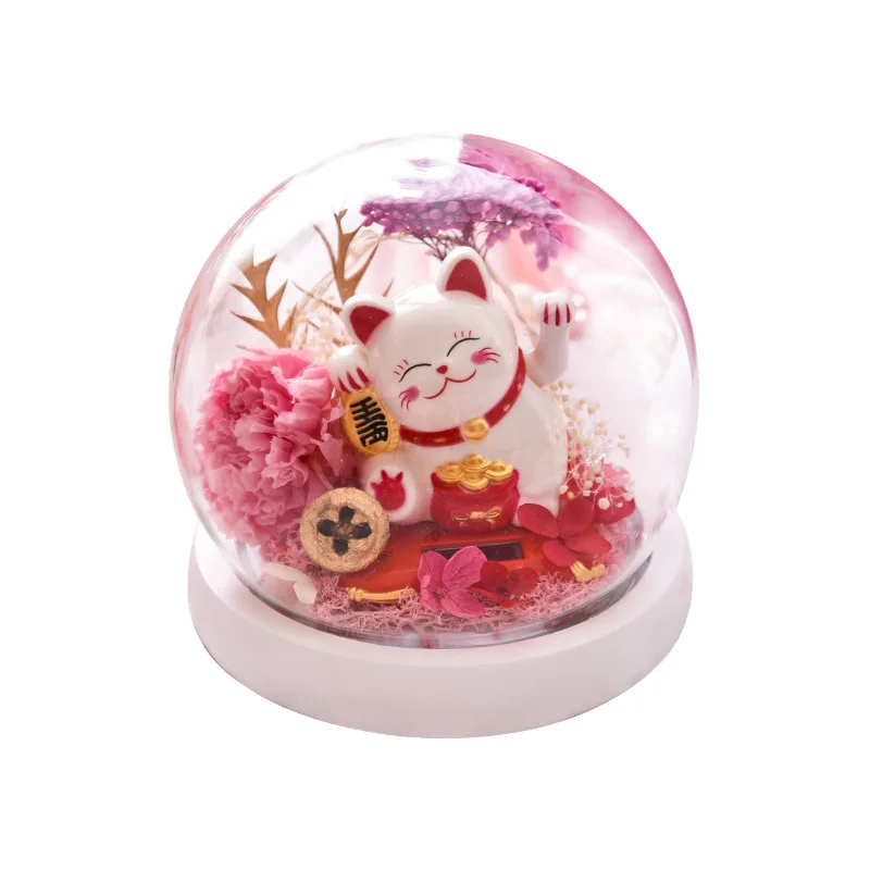 
office home decoration flower dried lucky preserved roses fortune cat with LED light fortune cat in dome glass long lasting rose 
