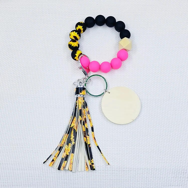 Wholesale Handmade Keychain Bracelet Sunflower Pink Heart Environmentally Friendly Silicone Beads Bracelet Wrist Keychain