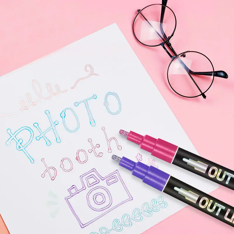 2024 New Design Custom 8 12 Colors Circular double Outline Metallic Markers Magi Pens Supersquiggles Markers Set