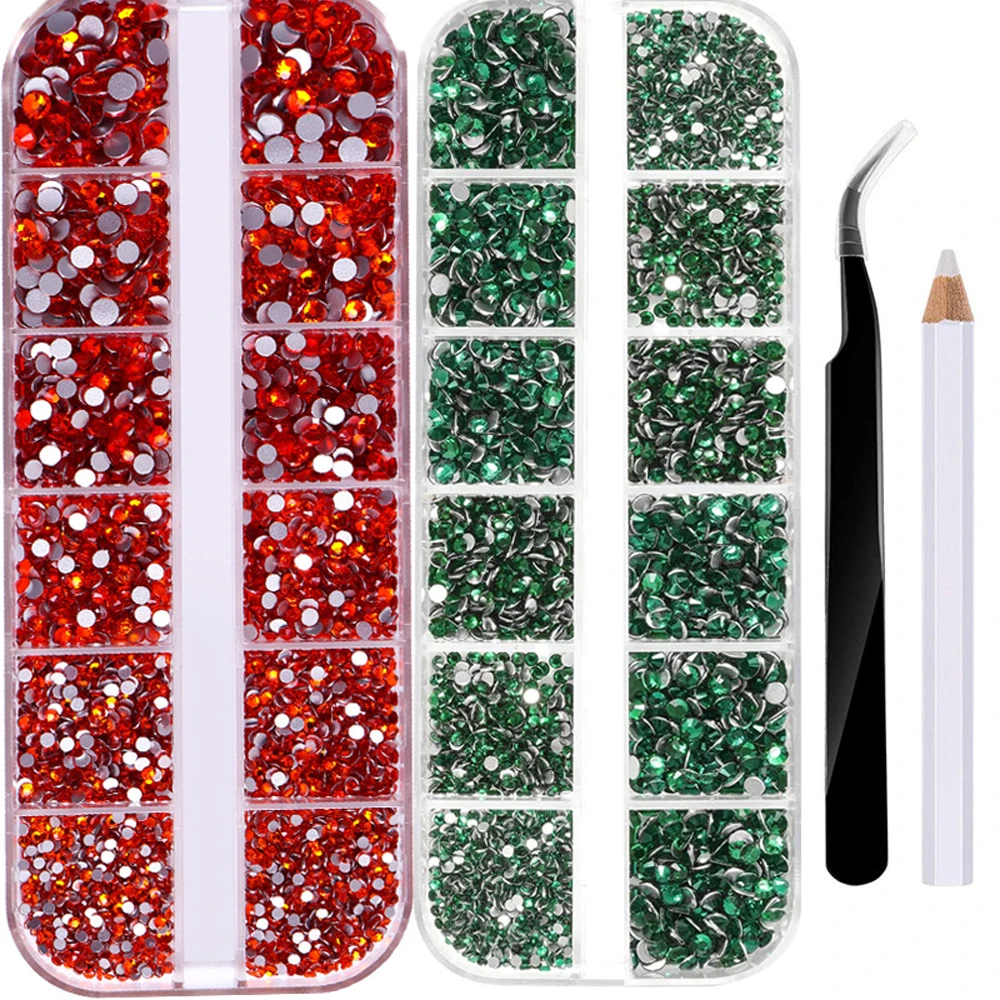 12Grids SS4-SS16 Mixed Nail Rhinestones Red /Green Diamond Nail Gems Flat-back Glass Stones Nail Charms with Wax Pen Picker