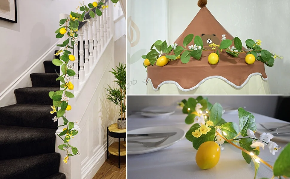 Hot Sale 2Pcs Spring Summer Greenery Vine Garlands Lemons with Lights Battery Powered for Wedding Home Decor Lemon Garland