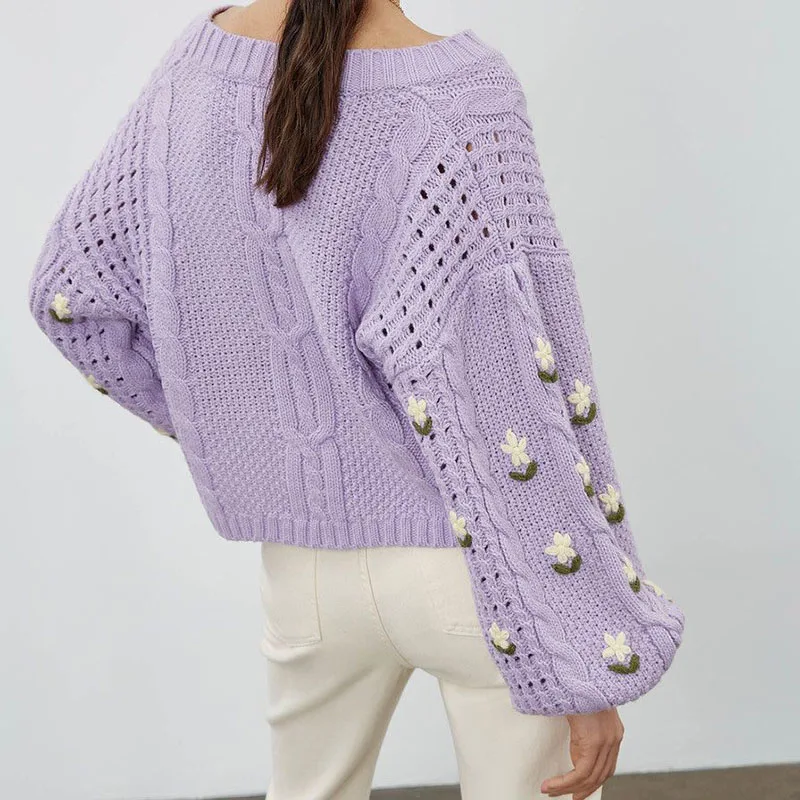 Chic Flower Knittend Cardigan Tops Women V Neck Long Sleeve Korean Fashion Sweater Cardigans Female Loose Sweaters Coat