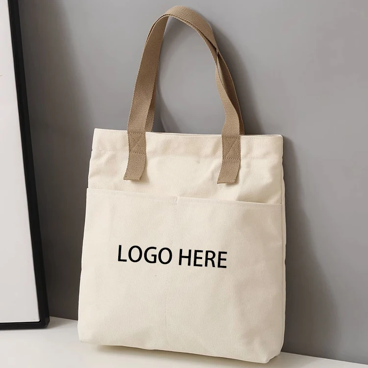 Heavy Thick Beige Small Canvas Tote Bag with Pockets and Zipper Convenient Shopping Solution