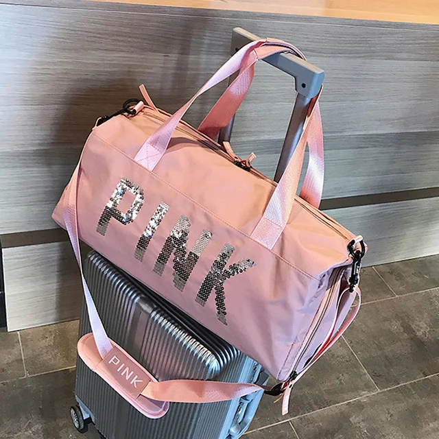 Customized Pink Waterproof Durable Sports Gym Bags For Girls Large Capacity Outdoor Overnight Zipper Short Journey Duffel Bags