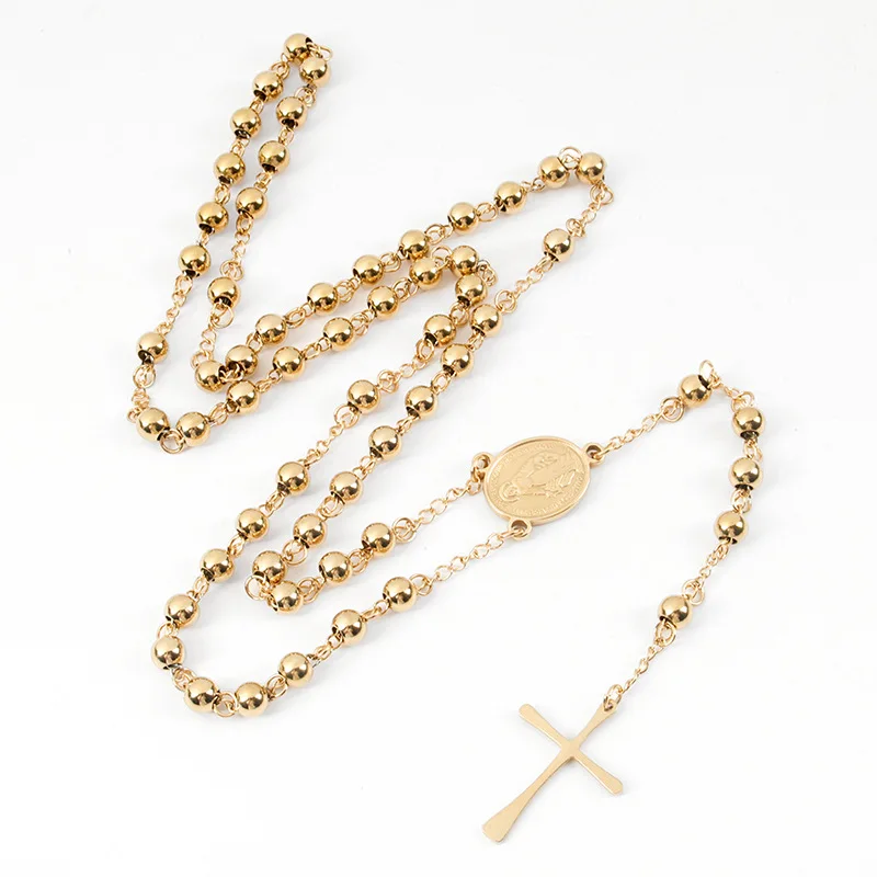Religious Catholicism 4mm Beads of Notre Dame Cross Gold Stainless Steel Necklace