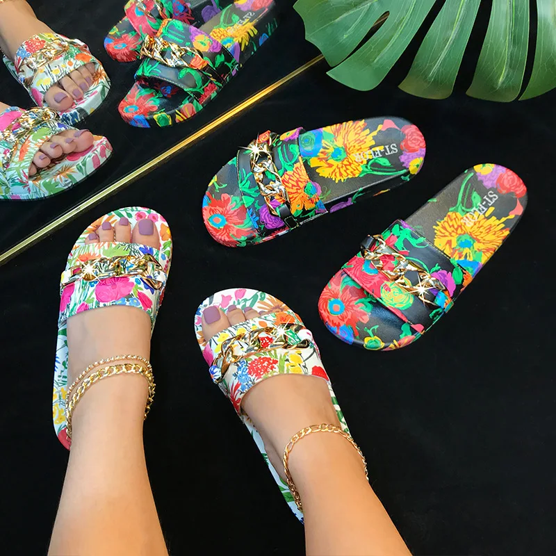 Amazing Comfortable Slippers!! Colorful Flower Patterns Summer Women Slides Chain Soft Floral Design Women Flat Slippers