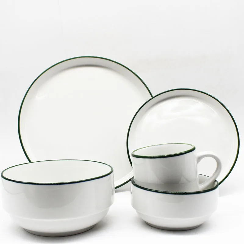 16-Pieces Solid Color Simple Style Sublimation Porcelain Dinnerwares Set Microwave and Dishwasher Safe Tableware with Black Rim